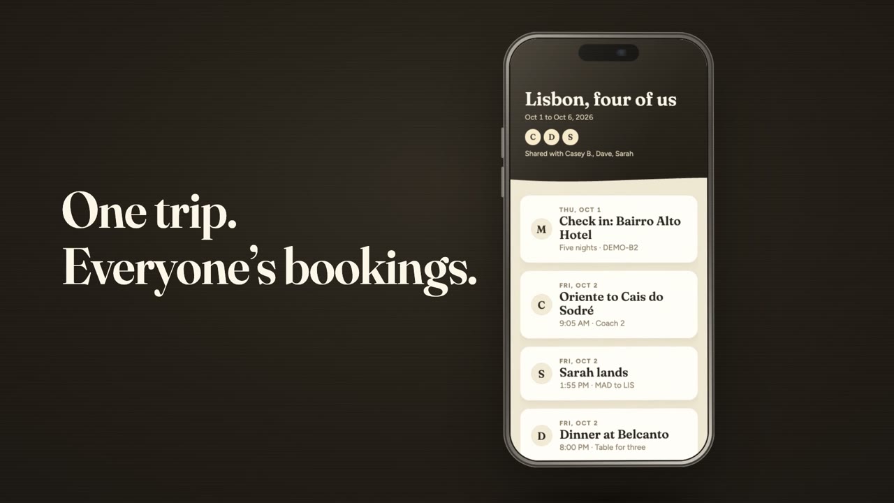One trip. Everyone's bookings. A phone showing the Lisbon trip shared by four friends.