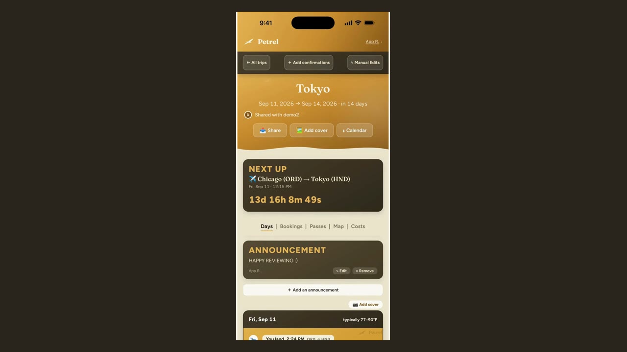 The Petrel home screen with a Tokyo trip built from separate booking confirmations